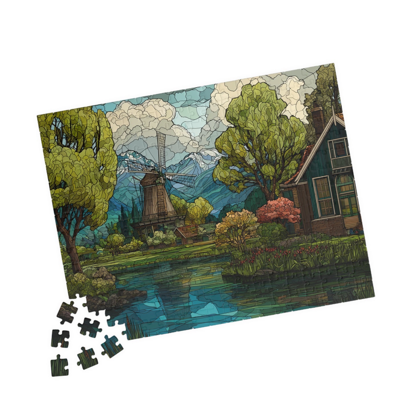 Dutch Countryside in Stained Glass, Calm Lands (Jigsaw Puzzle)